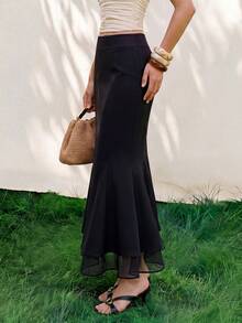 Airaco Women's Elegant Double-Layer Chiffon Mermaid Hem Solid Color Skirt Date Black Autumn - Black - View 5