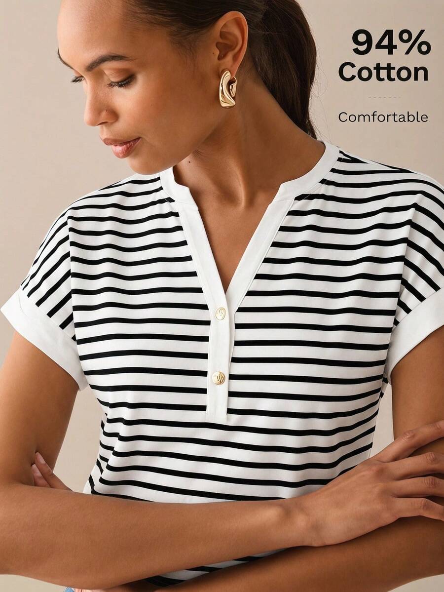 Lilora Áo thun nữ cotton kẻ sọc thanh lịch với cúc trang trí, kiểu dáng cao cấp, đa năng, trang nhã, phù hợp cho đi làm, đi chơi, tụ họp, hẹn hò, dự tiệc, thư giãn, dã ngoại, kỳ nghỉ, mùa hè, du lịch. - Đen và trắng - Xem 1