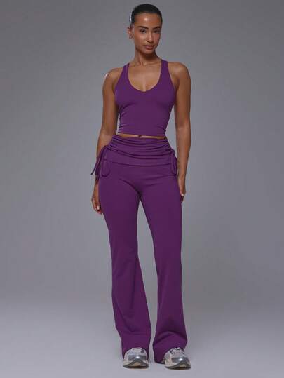 Musera Sport Plunge V Neck Racer Back Cropped Active Top With Ruched Tie Side Foldover Waist Fitted Flare Active Leggings Coord Sold As Set Gym Active Sports Pilates Running Cute Girly Daily Everyday Slowburn