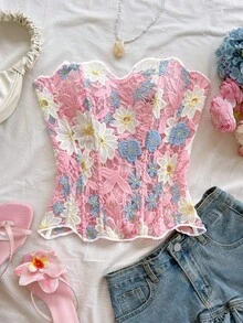 aje de doble capa y hombros descubiertos, estilo sexy europeo y americano, top bordado calado, atuendo de discoteca blanco para mujer, para salir, vestido de invitada de boda, otoño/invierno - Multicolor 3 - Ver 3