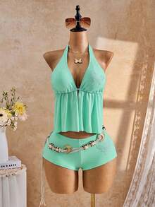 26SS Spring/Summer Vacation Beach Rhinestone Butterfly Pattern Halter Tankini Set - Mint Green - View 4