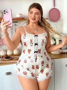 Slumberry CURVE Conjunto de pijama cómodo de camiseta y pantalones cortos de punto acanalado con estampado de oso y conejo lindo y sexy, talla grande - Multicolor - Ver 6