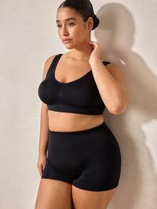 Veilyse 1 pieza Sujetador deportivo sin costuras de doble capa y unicolor para mujer de talla grande, ropa interior de yoga y fitness cómoda y inalámbrica (con almohadillas no fijas desmontables) - Negro - Ver 10