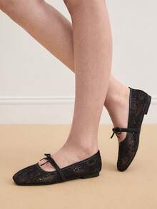 Eladyva Bow-Tie Square Toe Women's Flat, Knitted,Ballet, Low Vamp Ladies' Slip-On, Versatile, Bohemian, Black, White, Beige,Slouchy ,Elegant, Floral - Black - View 9