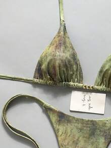 Swim Vcay 女款夏季海灘度假塗鴉印花掛脖綁背性感丁字褲比基尼套裝 - 綠色 - 查看 5