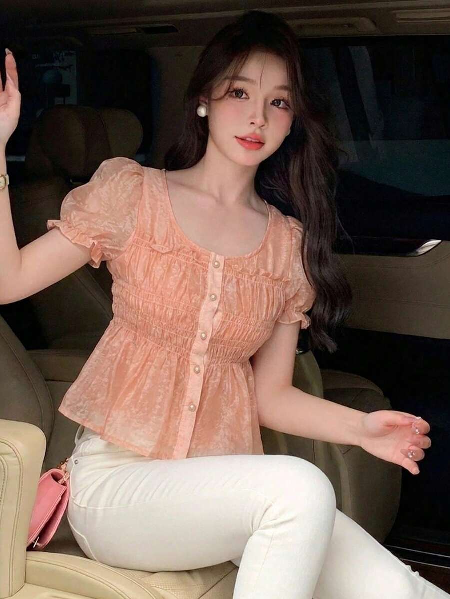 DAZY 女款單排扣短澎澎袖荷葉邊飾襯衫 夏季 - 粉色 - View 1