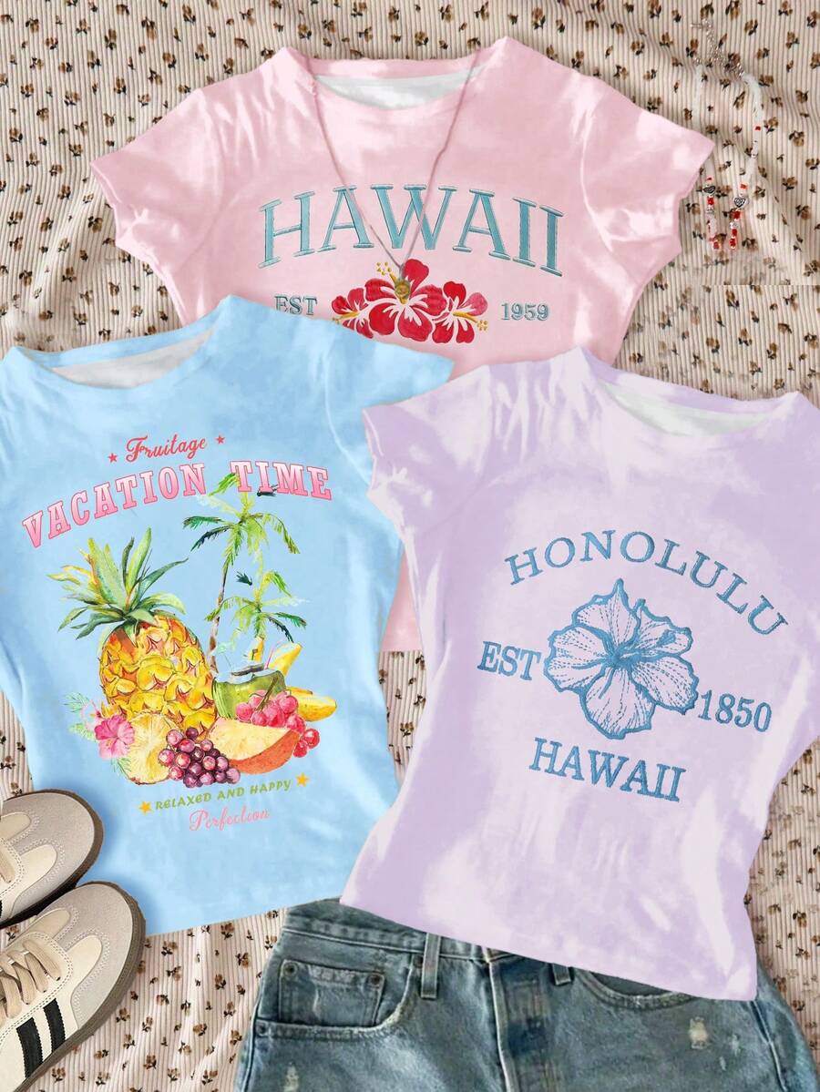3pcs Set Cute Dopamine Floral Plant Print Tees,Pink,Purple,Cream,Short Sleeve Crew Neck Basic Fitted T-Shirts,Teen Girl Summer Vacation Holiday Outfit - Multicolor - View 1