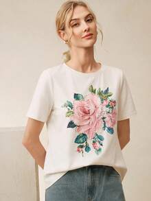 Anewsta Sequin Applique Bubble Bead White Crew Neck Short Sleeve T-Shirt - White - View 6