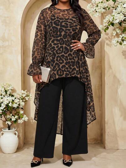 Fleurora Plus Size Leopard Print Long Sleeve Top And Solid Color Pants 2 Pieces Set