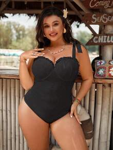 Swim Mod 大码女式 1 件纯色荷叶边优雅文胸连体泳衣，时尚休闲度假装 - 黑色 - 查看 4