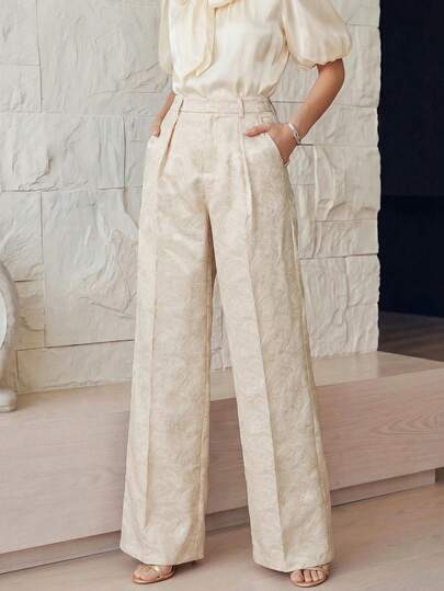 Anewsta Pantalones de traje versátiles para mujer con estampado jacquard de flores de anacardo en beige, atuendo de vacaciones de verano