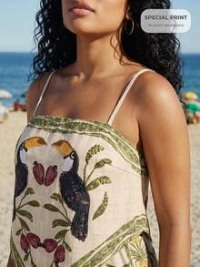 CAJUNI Plus Size Women Bird Print Asymmetric Hem Camisole And Wide Leg Pants Casual Outfit - Multicolor - View 3