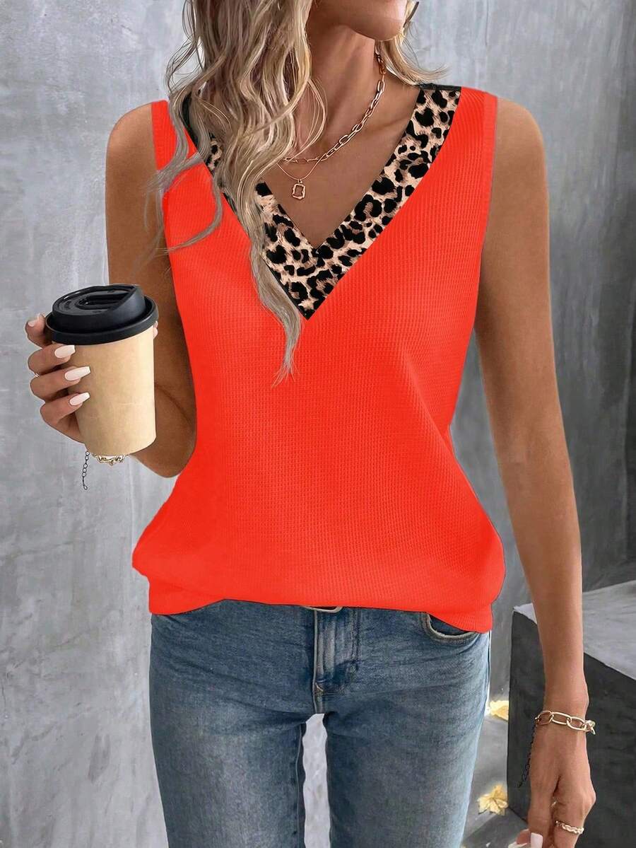 EMERY ROSE New Fashion Casual Versatile Contrast Collar Leopard Print V-Neck Tank Top For Women - Multicolor - View 1