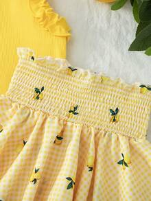 Souflis Souflis Young Girls 2pcs Lemon Print Outfit Set, Ruffled Collar Sleeveless Top + Layered Lemon Print Skirt, Bright Color, Sweet Casual Suit For Daily Wear, Party, Vacation, Ideal Summer Outfit - Yellow - View 3