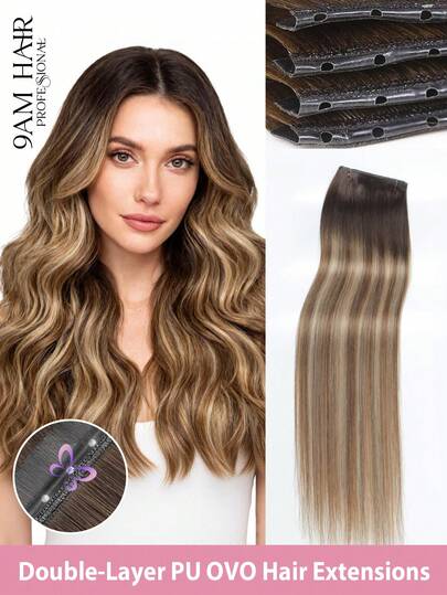 9AM HAIR Butterfly Weft Hair Extensions Human Hair Glueless OVO Pu Hole Genius Hand Tied Invisible DIY Double Weft Hair Extensions Straight 1pc 16 Inches