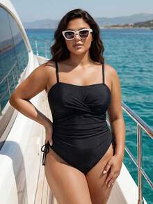 SHEIN Swim Plus Size Women Solid Color One-Piece Spaghetti Strap Criss-Cross Front Drawstring Waist Beach Swimsuit - Black - View 3