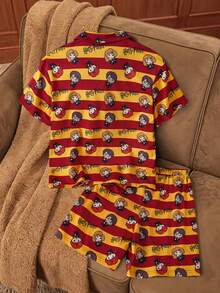 HARRY POTTER X SHEIN Conjunto de pijama con parte superior de manga corta con botones y estampado de bloques de color y rayas, y pantalones cortos para niño preadolescente - Amarillo - Ver 2