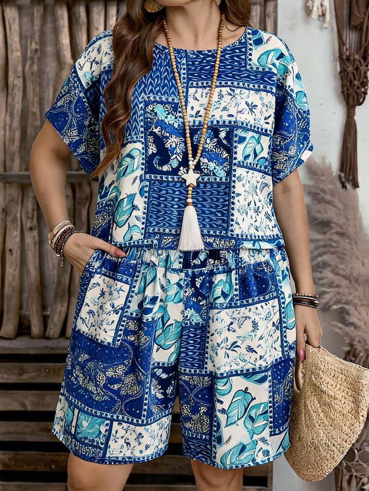 2 Pieces Plus Size Women's Vacation Plant Print Short Sleeve Shirt & Shorts Set,Vacation Outfits Woman,Boho For Women Summer Summer Outfit For Women Festival Outfits For Women Beach Outfits For Women Vacation Outfits Women Holiday Outfits  For Women Country Concert Outfit Casual Sets For Women