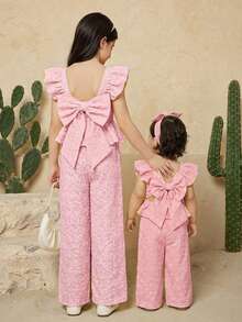 2 Pieces Baby Girl Summer Casual Color-Blocked Ruffled Shirt And Trousers Set - Baby Pink - View 7