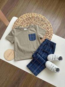 SHEIN Baby Jungen Karohemd mit Tasche & Karoshorts 2 Stücke Set, Lässig & Bequem - Hellgrau - Übersicht 8