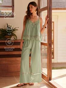 Lullawish Bohemian Style Spaghetti Strap 100% Cotton Women Pajama Set - Green - View 1