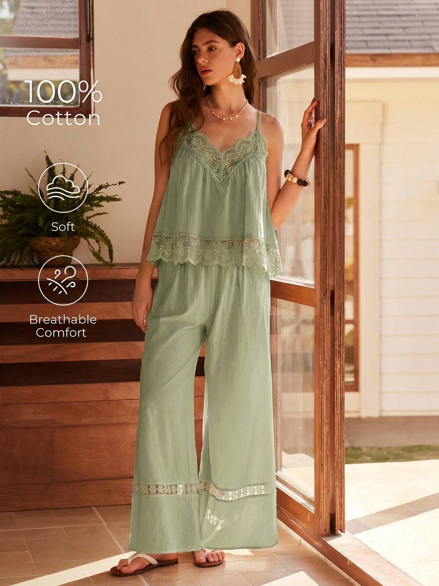 Lullawish Bohemian Style Spaghetti Strap 100% Cotton Women Pajama Set - Green - View 1