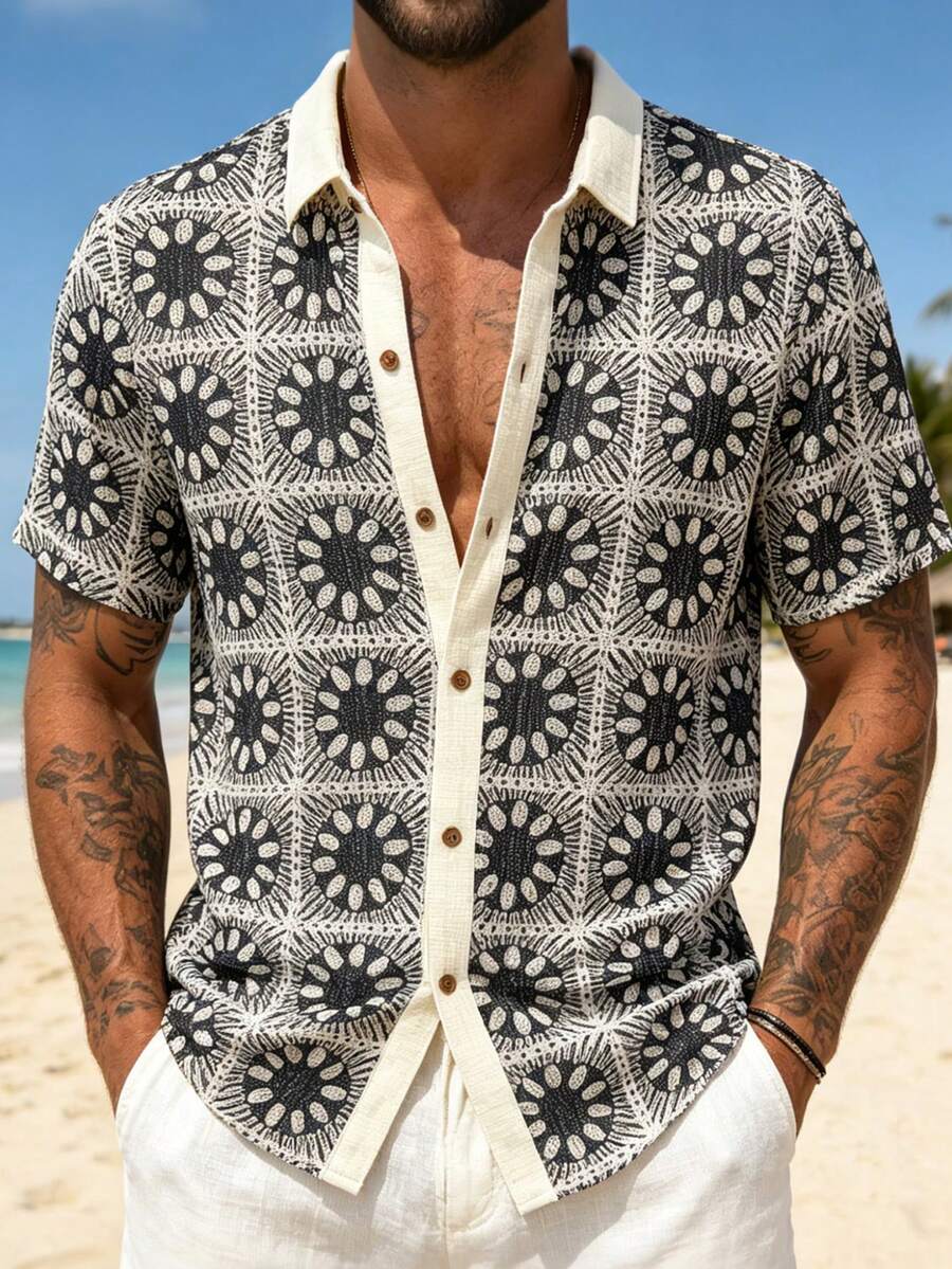VENTUSAIL Men's Knitted Mesh Sheer Printed Contrast Color Design Casual Short Sleeve Shirt, Holiday - Black - View 1