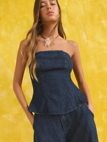 Nöista Áo corset dáng peplum chất liệu denim với cổ áo không dây; chất liệu bền chắc, thoáng khí; trang phục lý tưởng cho phụ nữ đi biển và những dịp lễ hội tự hào đồng tính; món đồ thiết yếu đa năng cho mùa hè. - Rửa tối - Xem 4