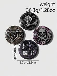 ROMWE Goth 4件套Y2K复古朋克哥特美学动漫徽章套装，包含紫色/黑色/豹纹、蛇纹、蜘蛛网、蝙蝠、十字架、爱心、骷髅图案，银色胸针配饰，适合女孩、朋友、礼物 - 多色-2 - 查看 5