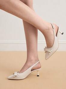 Eladyva Giày sandal quai ngang thanh lịch kiểu Pháp cổ điển, sandal nơ thời trang mùa xuân/hè, giày cao gót mũi nhọn sành điệu mới về, sandal nơ công sở nhẹ nhàng, sandal đa năng mùa hè mới phù hợp với váy. - Màu be - Xem 4