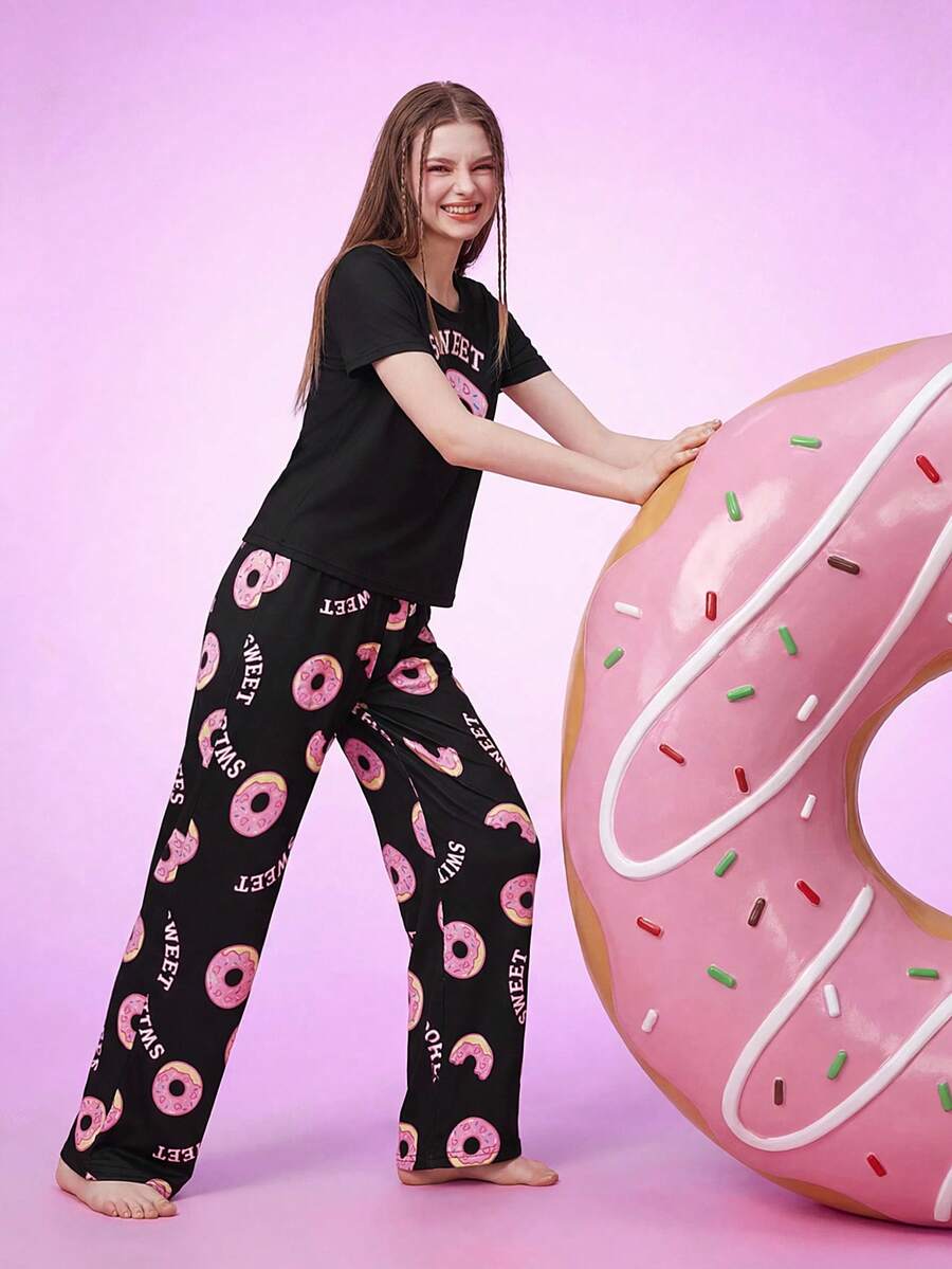 Notgurli Cartoon Doughnut Printed Short Sleeve And Long Pants Pajama Set For Spring/Summer - Black - View 1