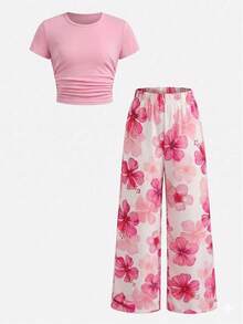 Tween Mädchen Outfit mit Blume Muster T-Shirt und Strickjogginghose, 2 Stücke lässiges und modisches Alltagsset - Verschiedenfarbig - Übersicht 3
