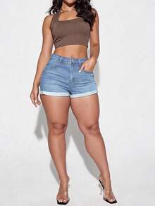 Flexra Quần short denim nữ cỡ lớn dáng ôm, túi xéo, thích hợp cho mùa hè. - Rửa trung bình - Xem 1