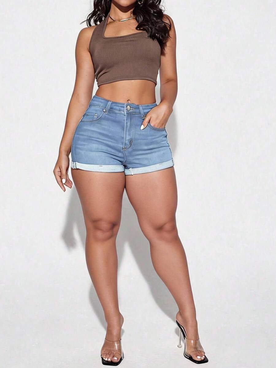 Flexra Quần short denim nữ cỡ lớn dáng ôm, túi xéo, thích hợp cho mùa hè. - Rửa trung bình - Xem 1