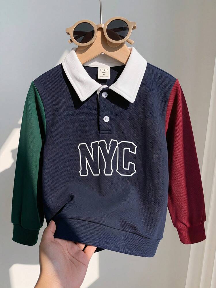 Young Boy Color Block Polo Shirt With Letter Print, Collared Long Sleeve, Casual Sporty Suitable For Spring/Autumn School And Outdoor Occasions