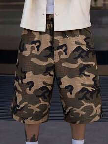 Manfinity CasualCool Camo Print Wide Leg Bermuda Shorts,All Shades Of Brown,Summer,Casual,Streetwear,City Break,Derby Black Outdoor Activities,Daily Leisure,Vintage Y2k - Multicolor - View 4