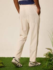 Tonviero Men's Solid Color Drawstring Waist Pocket Straight Leg Casual Pants, For Fall - Beige - View 2