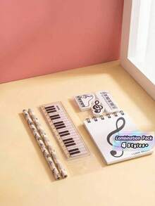 Joivida 1Pc/3Pcs Stationery Set, Holiday Event Gift, Piano Note Theme, Combo Including Pencils, Rulers, Erasers And Notebooks With Black-And-White Keyboard Patterns - Multicolor - View 4