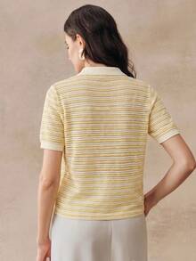 2026 Camisetas de punto de manga corta con cuello medio de rayas de alta calidad y nueva moda de verano, talla estándar para mujer, tops lindos - Amarillo - Ver 7