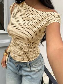 SHEIN PETITE 黑白波点不对称褶皱修身腰部衬衫，优雅休闲度假沙滩装，娇小女性百搭夏季上衣 - 黃色 - 查看 3