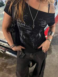 DAZY 女款寬鬆不對稱肩字母圖案T恤 夏季可愛上衣 - 黑色 - 查看 8