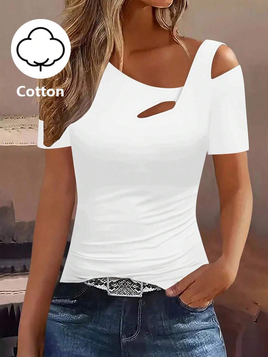 EMERY ROSE Plus Size Solid Color Asymmetrical Shoulder Casual Fitted Short Sleeve Hollow Out T-Shirt, Versatile For Summer - White - View 1