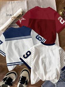 SHEIN 3pcs/Set Young Boy Round Neck Letter & Number Print Casual Versatile Daily Wear Short Sleeve T-Shirts - Multicolor - View 3