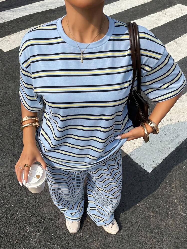 Muchica Plus Size Blue Striped Print Round Neck Top And Loose Pants 2 Pieces Set - Blue - View 4