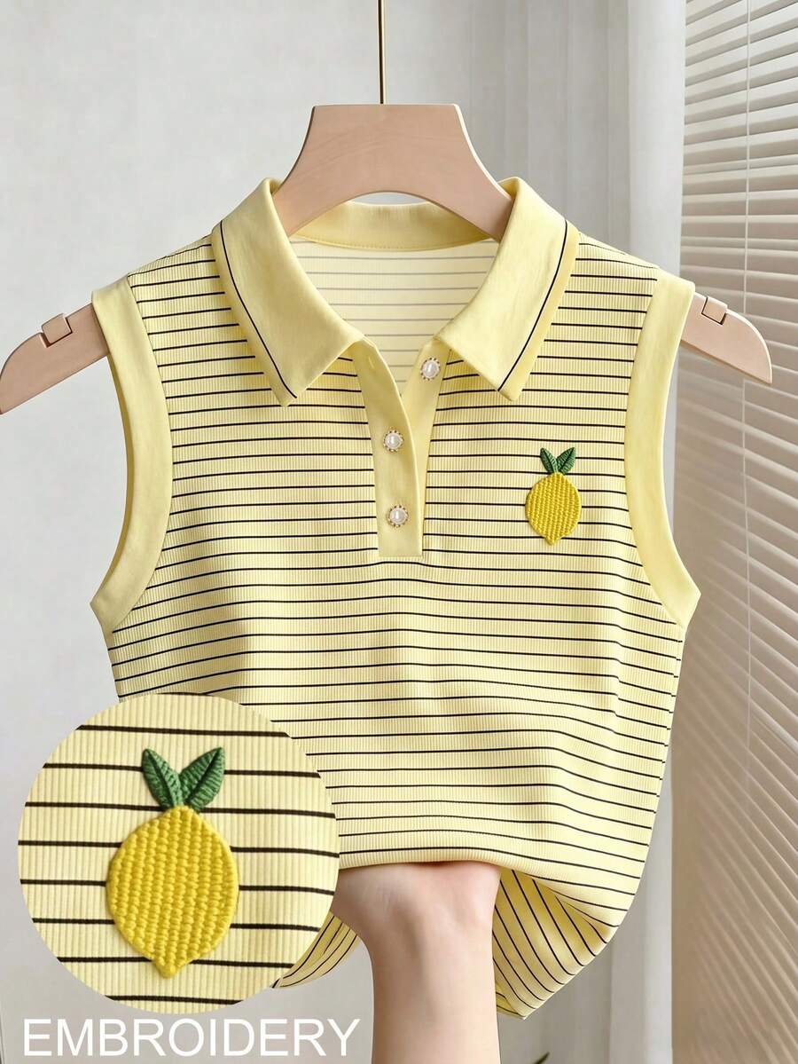 Resyla Women's Striped Lemon Embroidery Button Half Placket Vest - Multicolor - View 1