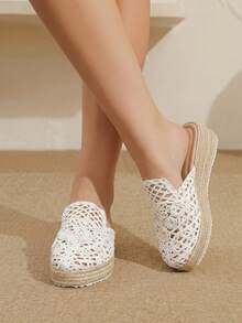 Styleloop Giày nữ đế dày dệt từ dây gai dầu, màu trắng, kiểu hở gót, giày bít mũi, dép bít mũi, sandal, giày dây gai dầu phong cách Boho phù hợp để đi chơi, nghỉ mát, hẹn hò hàng ngày, đi biển, du lịch, phong cách thường ngày với giày nữ. - trắng - Xem 3