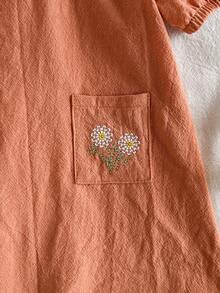 Vintaside Kids 新生女嬰花卉刺繡洋裝，鄉村風時尚優雅百搭可愛，春夏款柔軟面料 - 卡其色 - View 8