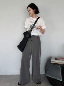 FRIFUL 女款彈性腰拼色休閒寬鬆闊腿褲，百搭日常穿著，適合度假、上班、運動、海灘，灰色，秋季 - 灰色 - 查看 9
