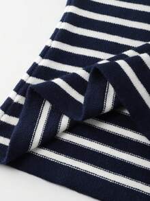 SHEIN LUNE Women's Spring/Summer Tops, Holiday, June Festival Outfit, Vintage Casual Elegant Blouse, Commute Office Outing Wear, Vacation Outfit, Round Neck V-Neck Women's Tops, Striped Contrast Navy Blue & White Blouse, Short Sleeve Metal Button Women's Knit Cardigan - Blue and White - View 6