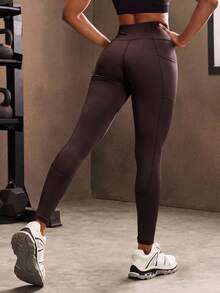 Powerista Leggings deportivos para mujer con bolsillo lateral, cintura ancha y sólida - Marrón - Ver 4